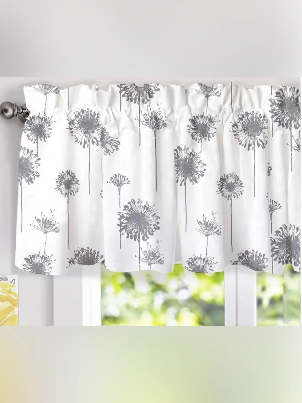 Set of 2 White and Gray Dandelion Pattern Valances.